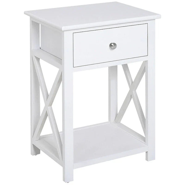 Farmhouse Style Side Table with Storage Drawer and Open Shelf, X-Frame Design, White Bedside Table for Living Room