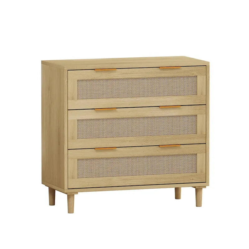 Oak Storage Cabinet with 3 Rattan Drawers - Dimensions: 31.5L x 15.55W x 30.12H