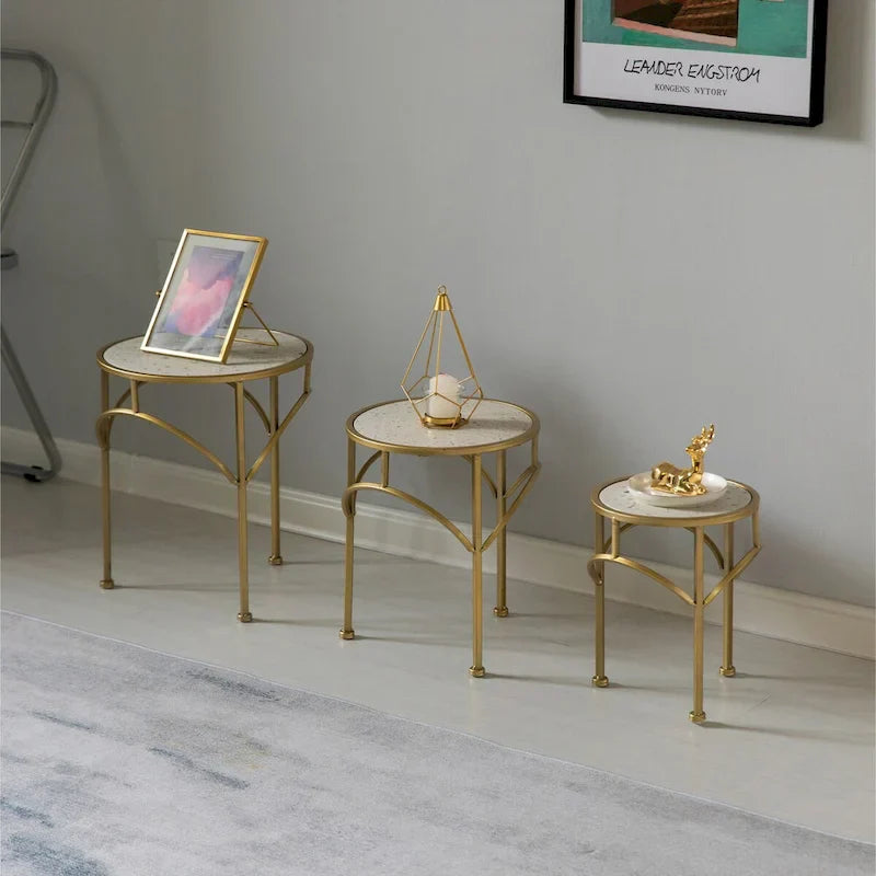 Set of 3 Decorative Gold Metal Round Plant Stands with Modern White Marble Top - Stylish End Side Tables