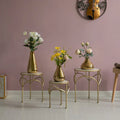 Set of 3 Decorative Gold Metal Round Plant Stands with Modern White Marble Top - Stylish End Side Tables