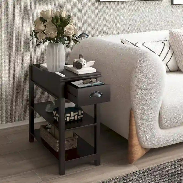 Flip-Over Design Narrow Side Table with Drawers and Bottom Shelf