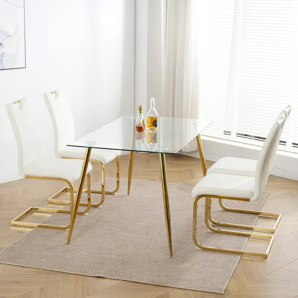 4-Piece Modern Faux Leather Dining Chair Set with Gold Metal Legs and Padded Seats