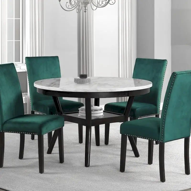 Kate 47-Inch Round Dining Table with Faux Marble Surface in White and Brown