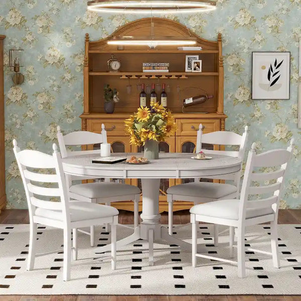 5-Piece Retro Wood Dining Set: Round Extendable Table with 4 Upholstered Chairs