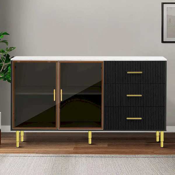 Contemporary Wooden Sideboard Featuring 2 Amber-Yellow Tempered Glass Doors