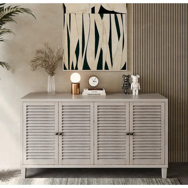 60-Inch Farmhouse Natural Wood Wash Wooden Sideboard Buffet Server with 4 Shutter Doors - Accent Storage Cabinet