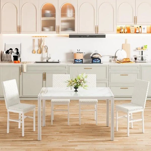 Grondin Contemporary 5-Piece Dining Set with Tempered Glass Table and 4 Diamond-Stitched PU Leather Chairs