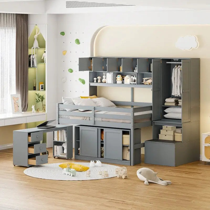 Spacious Wooden Loft Bed with Ample Storage, Under-Bed Desk, Drawers, and Shelves