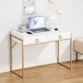 Anmytek Contemporary White and Gold Computer Desk - Stylish Vanity Writing Table with 2 Drawers for Home Office