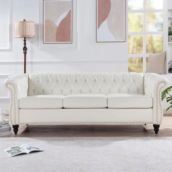 Cream 84.65 Traditional Chesterfield 3-Seater Sofa in PU Leather