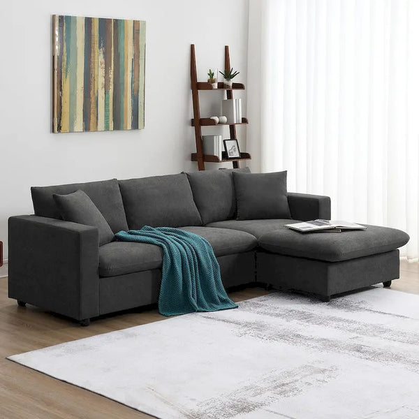 Contemporary L-Shaped Sectional Sofa Set with 2 Complimentary Pillows, 4-Seater Polyester Couch and Convertible Ottoman