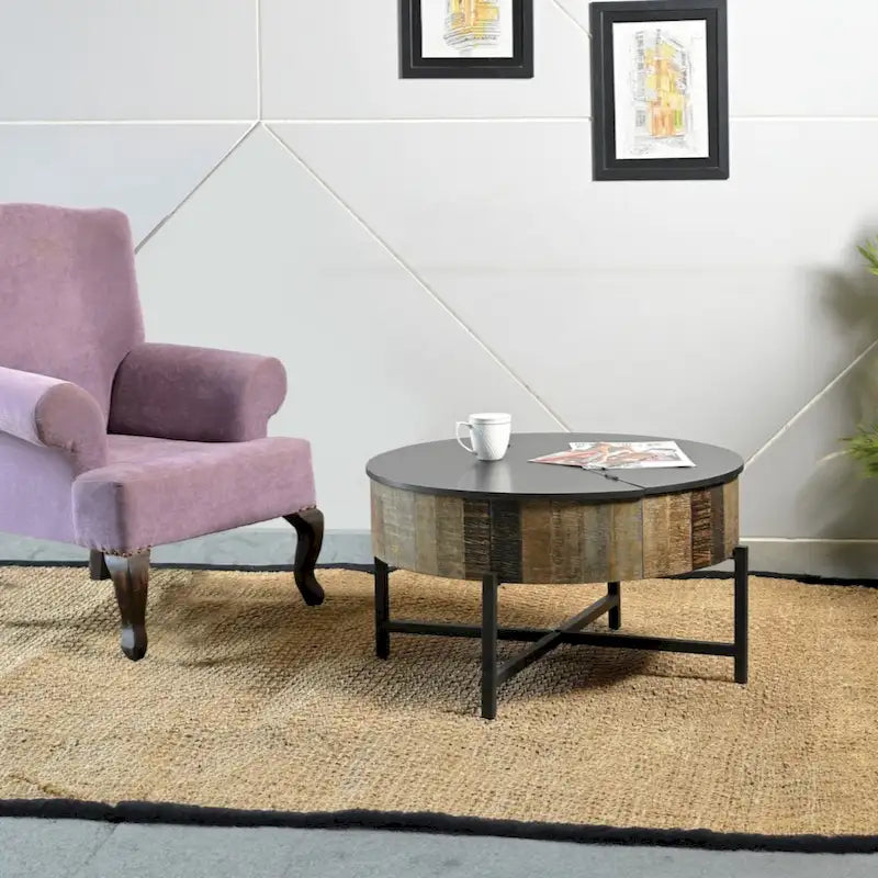 Rustic Vintage Round Coffee Table with Storage