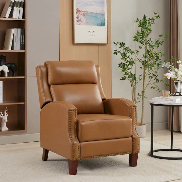 Authentic Leather Pushback Recliner with Adjustable Seat Back and Sturdy Wooden Legs
