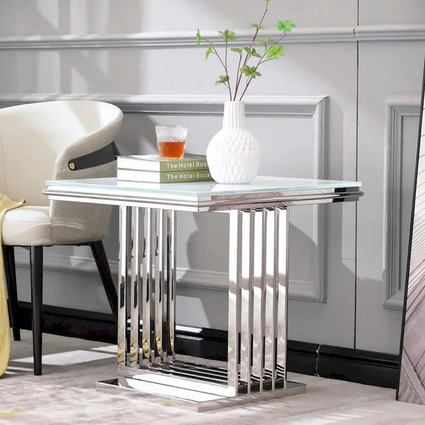 Elegant 24-Inch Square Silver and Glass End Table with Stainless Steel Base