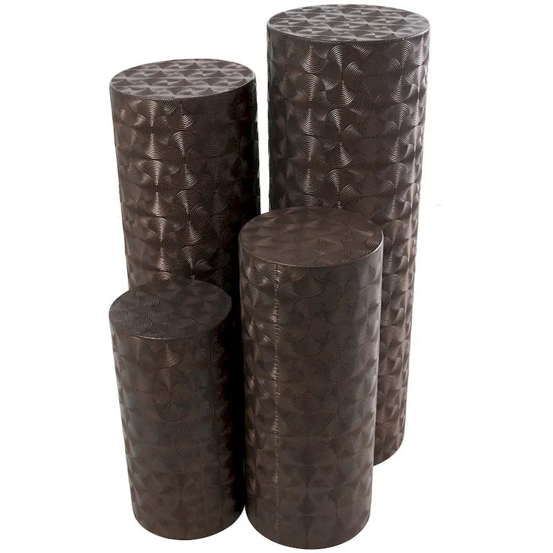 Set of 4 Brown Metal Abstract Tall Slim Pedestal Tables with Grooved Shell or Hammered Finish - Roche River Decor