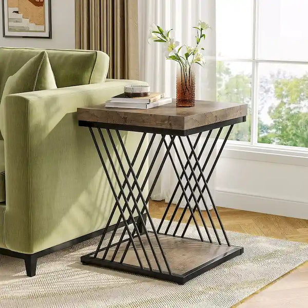 19.75-Inch Square Faux Marble End Table with Gold Accents - Modern Bedside & Living Room Table