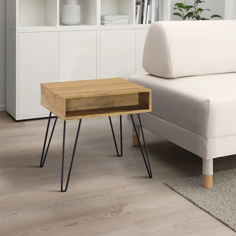 24-Inch Contemporary Side Table with Golden Oak Finish and Black Metal Hairpin Legs