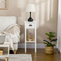 White 2-Tier Narrow Side Table with Drawer and Bottom Shelf for Living Room or Bedroom