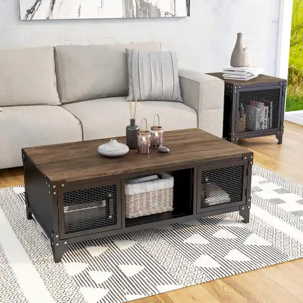 Conner Rustic Dark Walnut Steel 2-Piece Coffee and End Table Set by Furniture of America