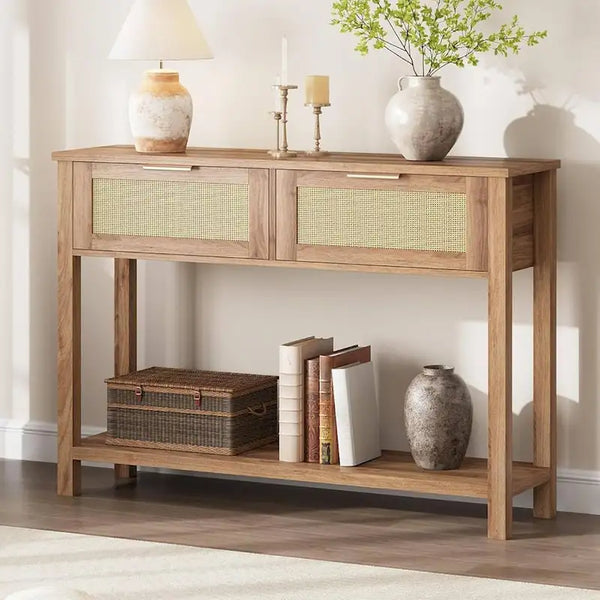 Console Table with 2 Rattan Drawers for Entryway