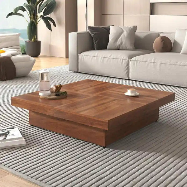 39.4-Inch Square Marble Veneer Coffee Table with Sliding Storage Top
