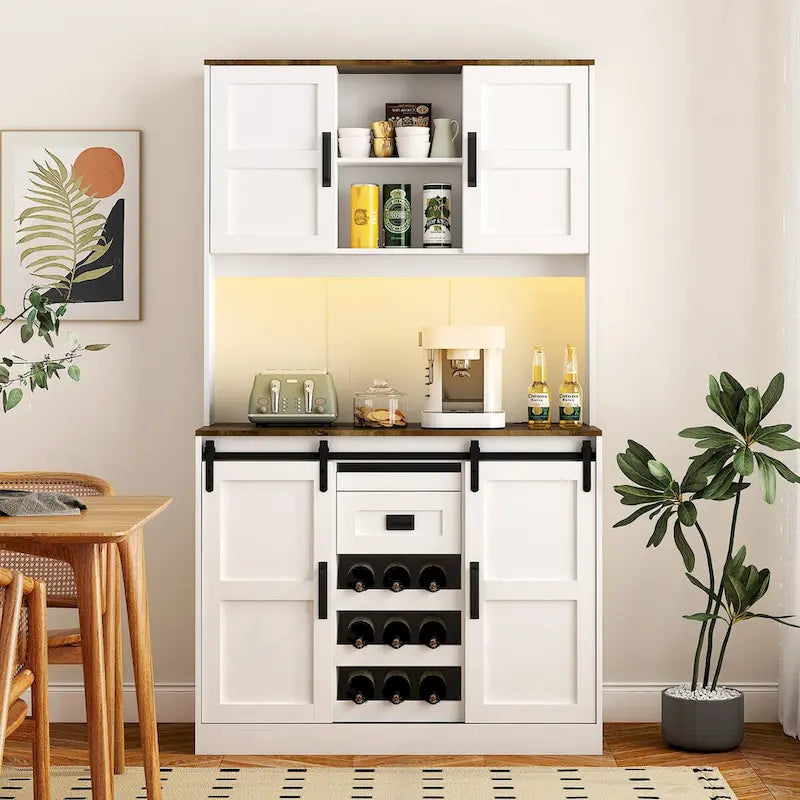 Rustic White Farmhouse Bar Cabinet with Sliding Barn Door - Spacious Kitchen Buffet and Coffee Bar Sideboard Table