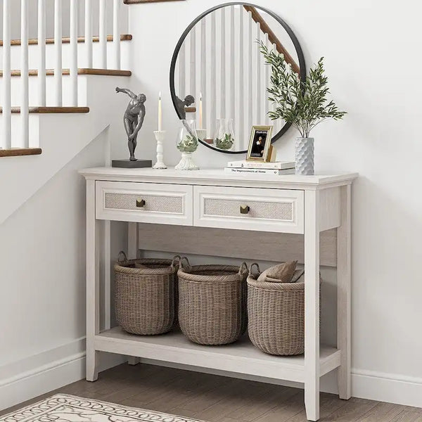 Bohemian Natural Rattan Console Table with Expanded Top and Dual Drawers