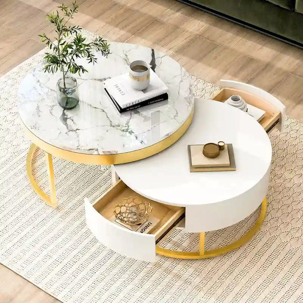 GEITIN Contemporary Round Nesting Coffee Table with Storage Drawers
