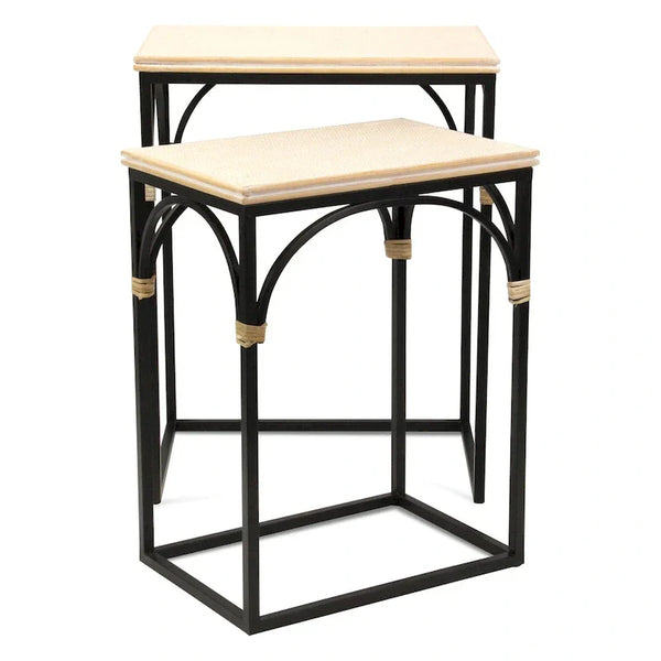 Claudette Set of 2 Rectangle Side Tables with Rattan Accents in Wood and Metal