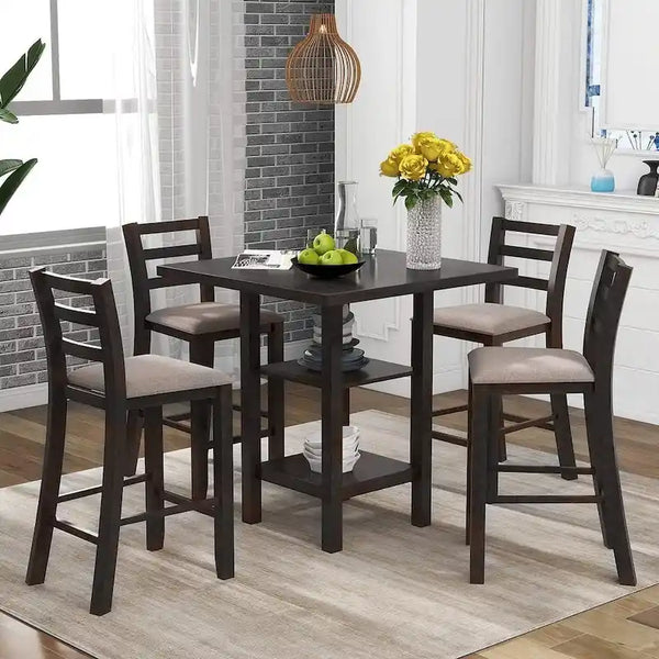 5-Piece Wooden Counter Height Dining Set with Cushioned Chairs and Storage Shelves