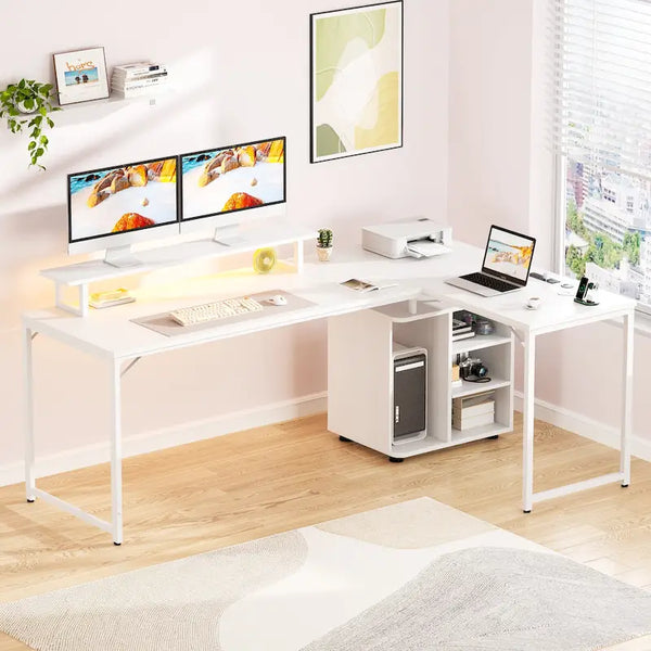 58.3-Inch L-Shaped Gaming Desk with Storage Cube, USB Ports, and LED Lighting - Office Computer Table
