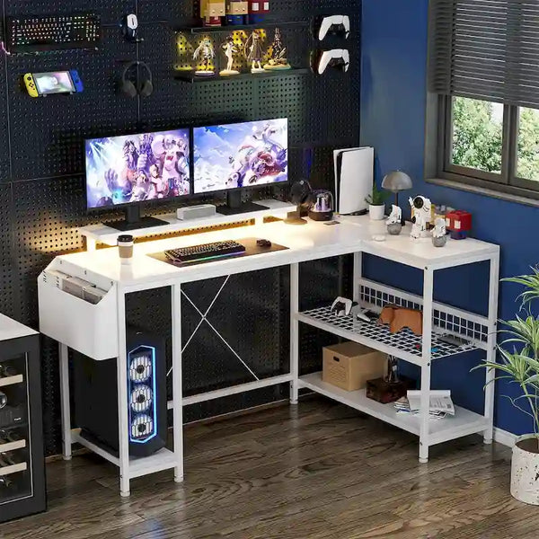 Contemporary L-Shaped Computer Desk with Built-In Power Outlets and LED Lighting