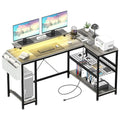 Contemporary L-Shaped Computer Desk with Built-In Power Outlets and LED Lighting
