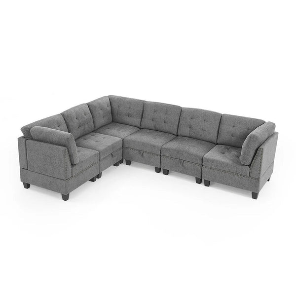 Grey Chenille L-Shaped Modular Sectional Sofa Set with Three Individual Chairs and Three Corner Pieces - Dimensions: 116W x 89.5D x 36.5H