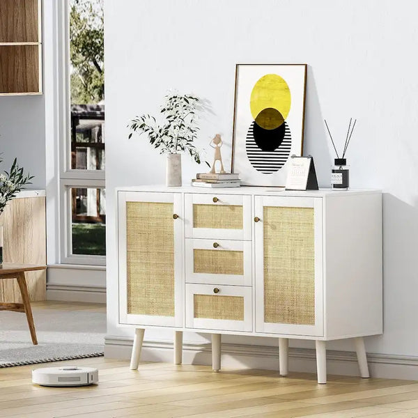 Anmytek 47.2" Mid-Century Modern White Buffet/Sideboard with Rattan Storage and Drawers