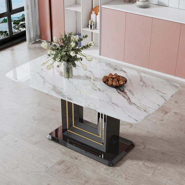 Elegant Dining Table with White Imitation Marble Top, Black MDF Legs Featuring Gold Accents, and a Stylish Black Base