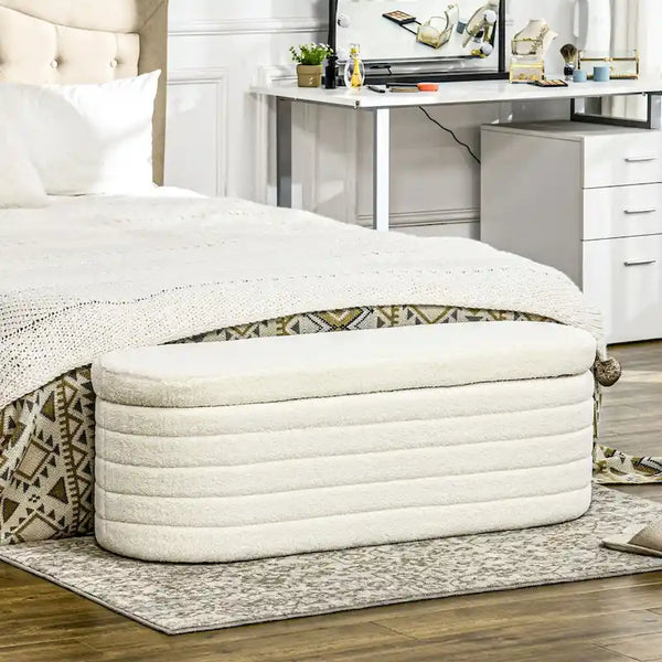 HOMCOM 46-Inch Teddy Fleece Upholstered Storage Ottoman Bench with Wood Frame – Stylish Boucle Storage Solution for Bedroom and Living Room