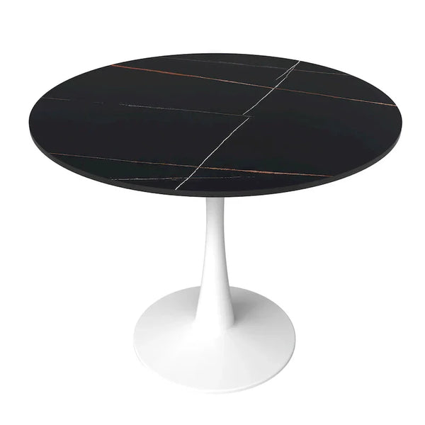 Bristol 35-Inch Round Dining Table for 4 with Sintered Stone Top and White Stainless Steel Pedestal Base