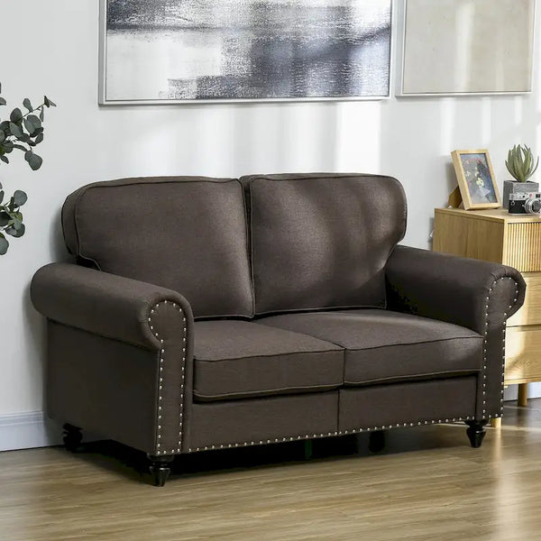 HOMCOM 61-Inch Mid-Century Modern Loveseat Sofa - Stylish 2-Seater Couch with Nailhead Trim and Rolled Arms, Upholstered in Fabric